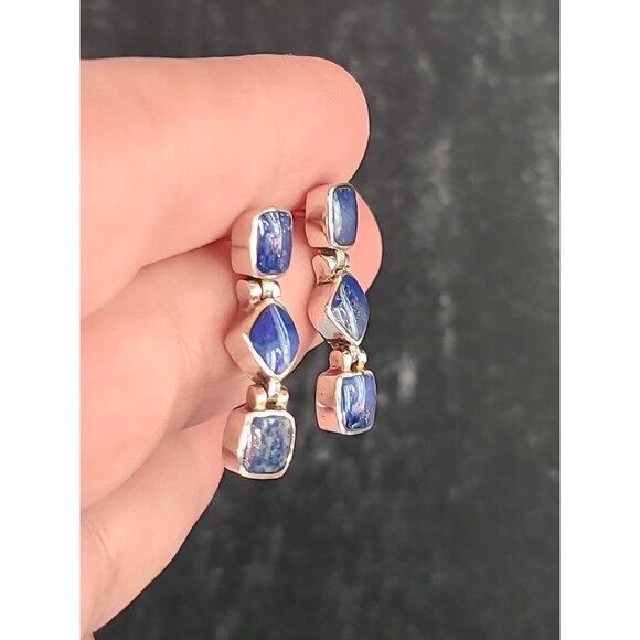 925 Sterling Silver Lapis Lazuli Beaded Dangling Pierced Earrings Vintage - Picture 3 of 10